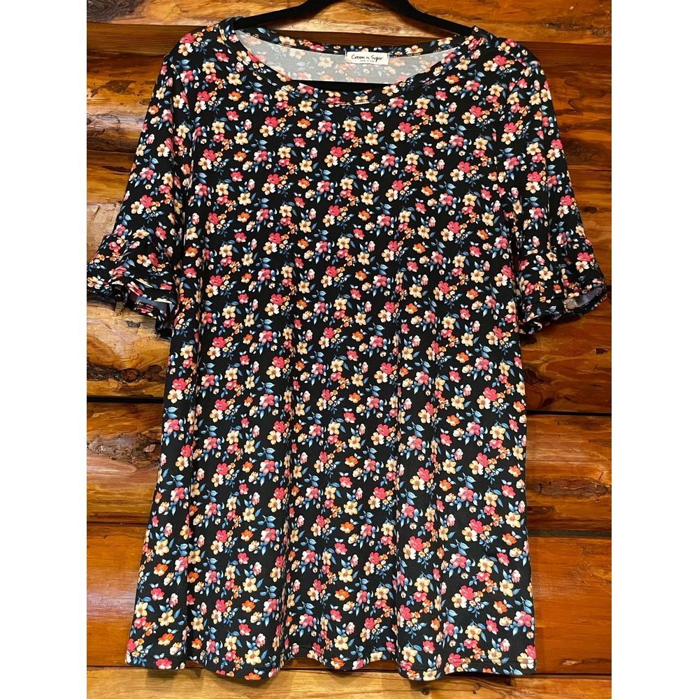 Cream N Sugar Floral Blouse‎ w/Ruffled Sleeves Size Small
